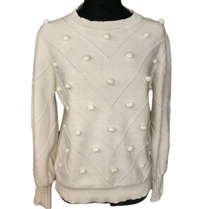 Simplee Women's L Ivory Pom Pom Knit Sweater Chic Textured Cozy Winter Pullover